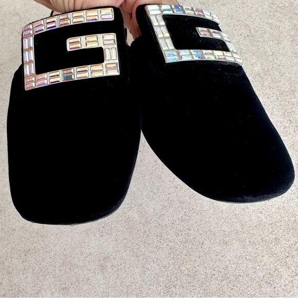 Gucci Madelyn Velvet Crystal Square G Mules Black Block Mid Heel EU 37.5 US 7.5 - Picture 3 of 11